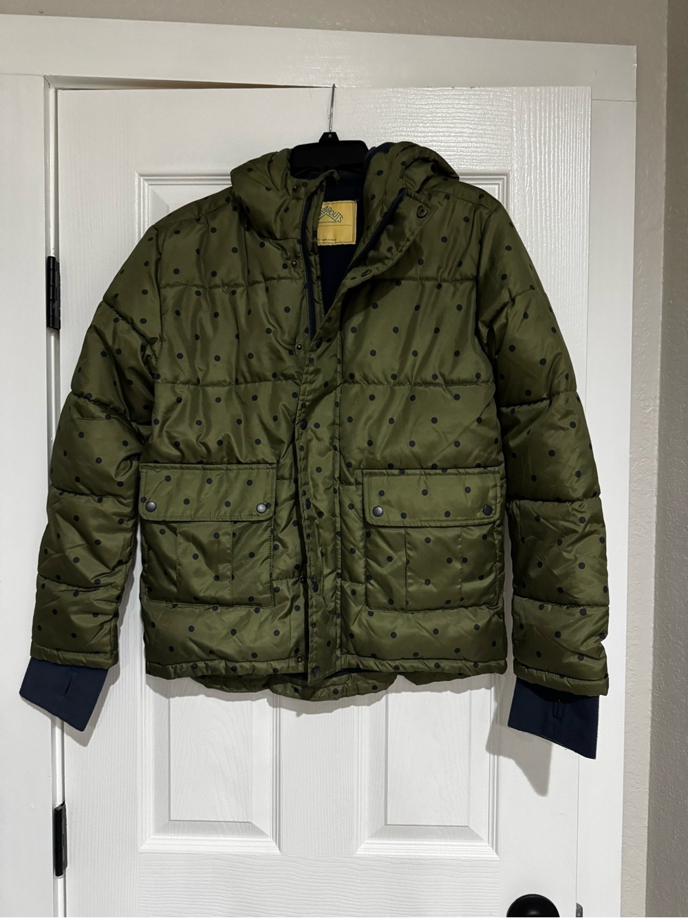 Kids Olive Green Hooded Puffer Jacket with Dot Print